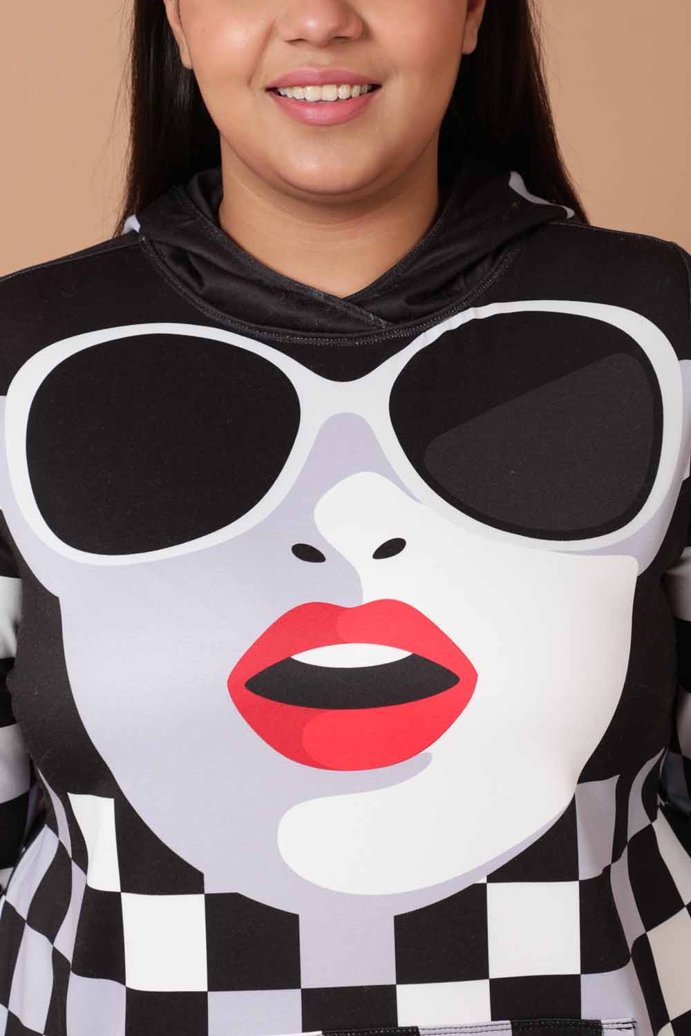 Comfortable Plus Size Bold Face Plaid Printed Sweatshirt Hoodie Winter Dress