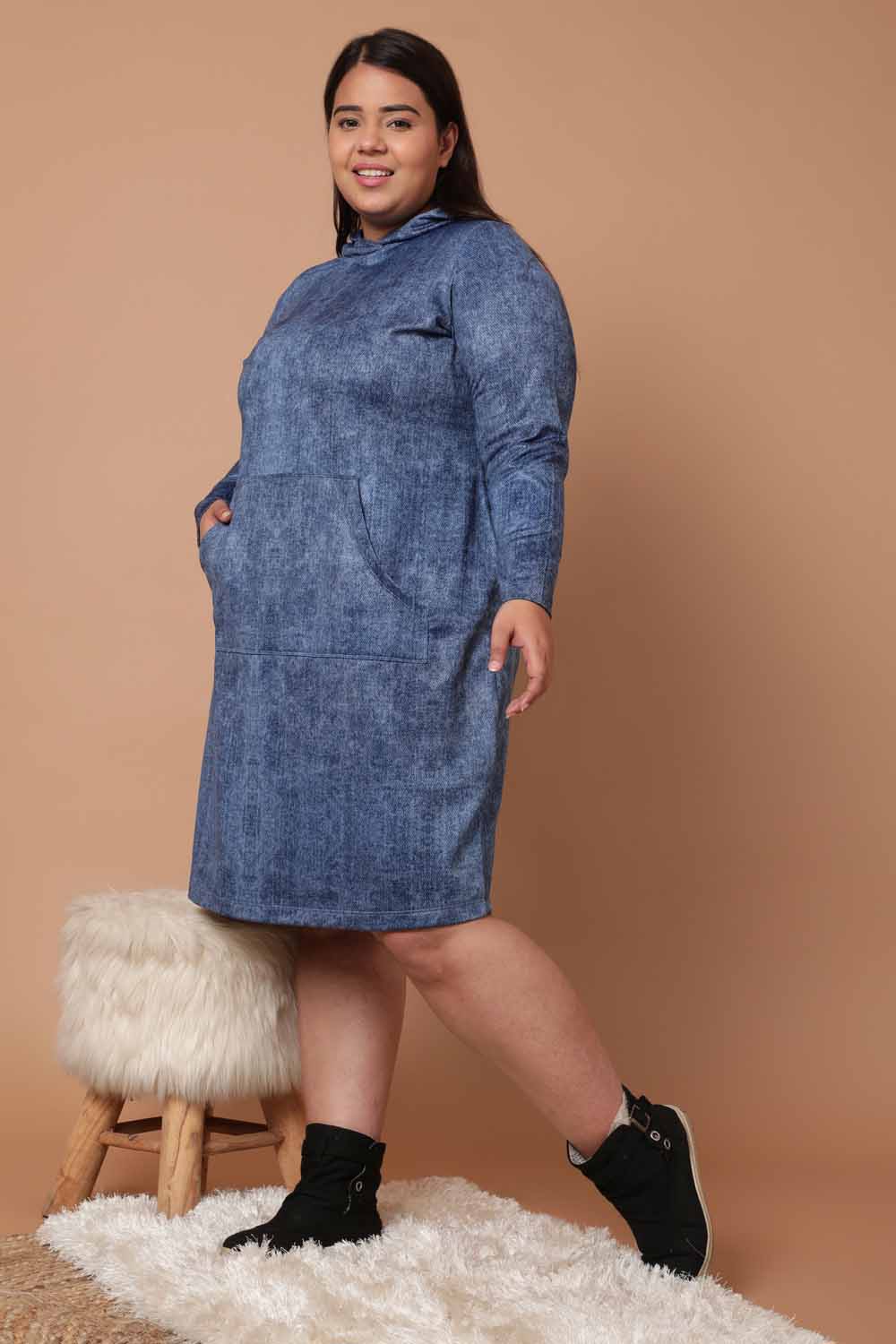 Plus Size Coldwashed Denim Printed Sweatshirt Hoodie Winter Dress for Women