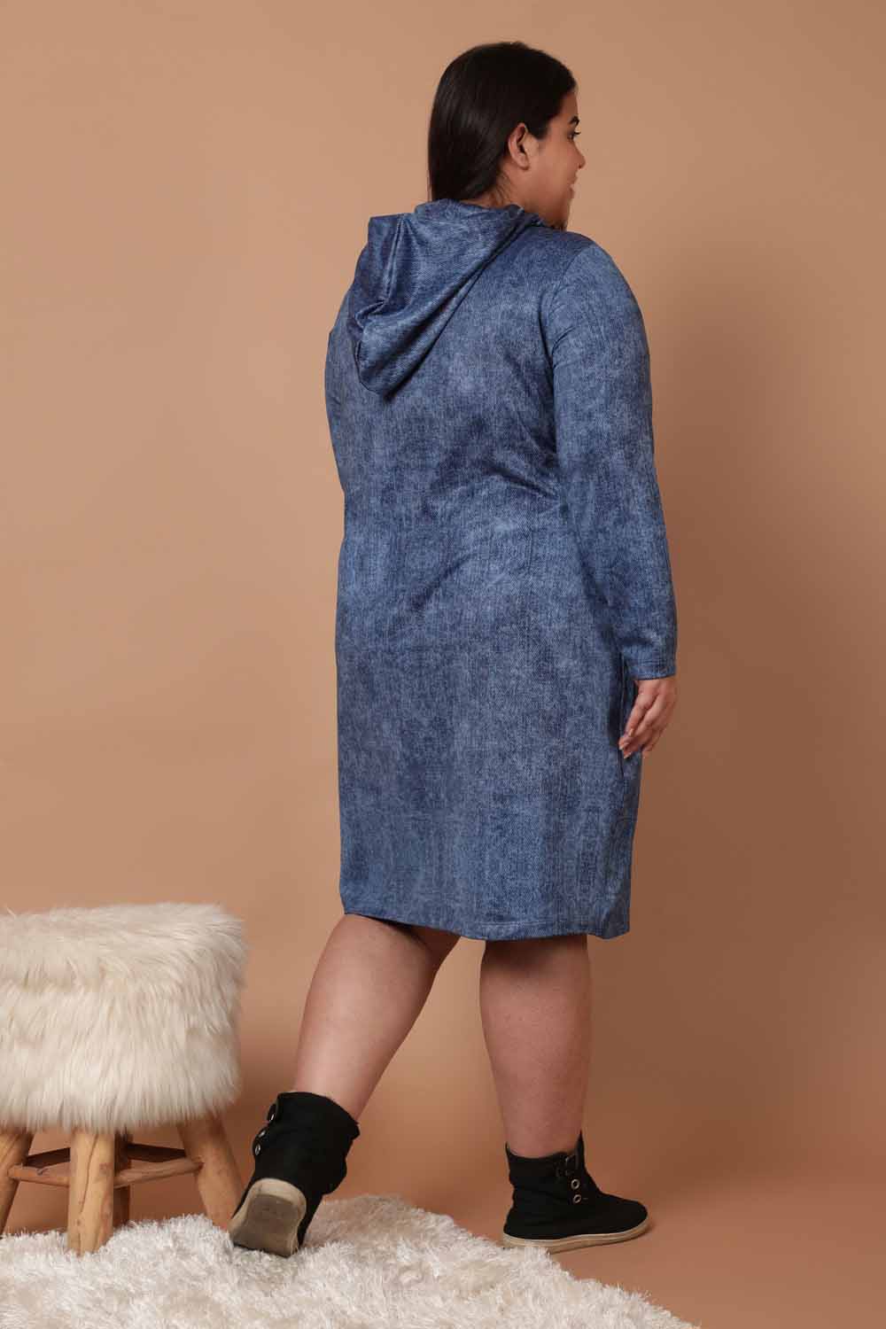 Plus Size Coldwashed Denim Printed Sweatshirt Hoodie Winter Dress