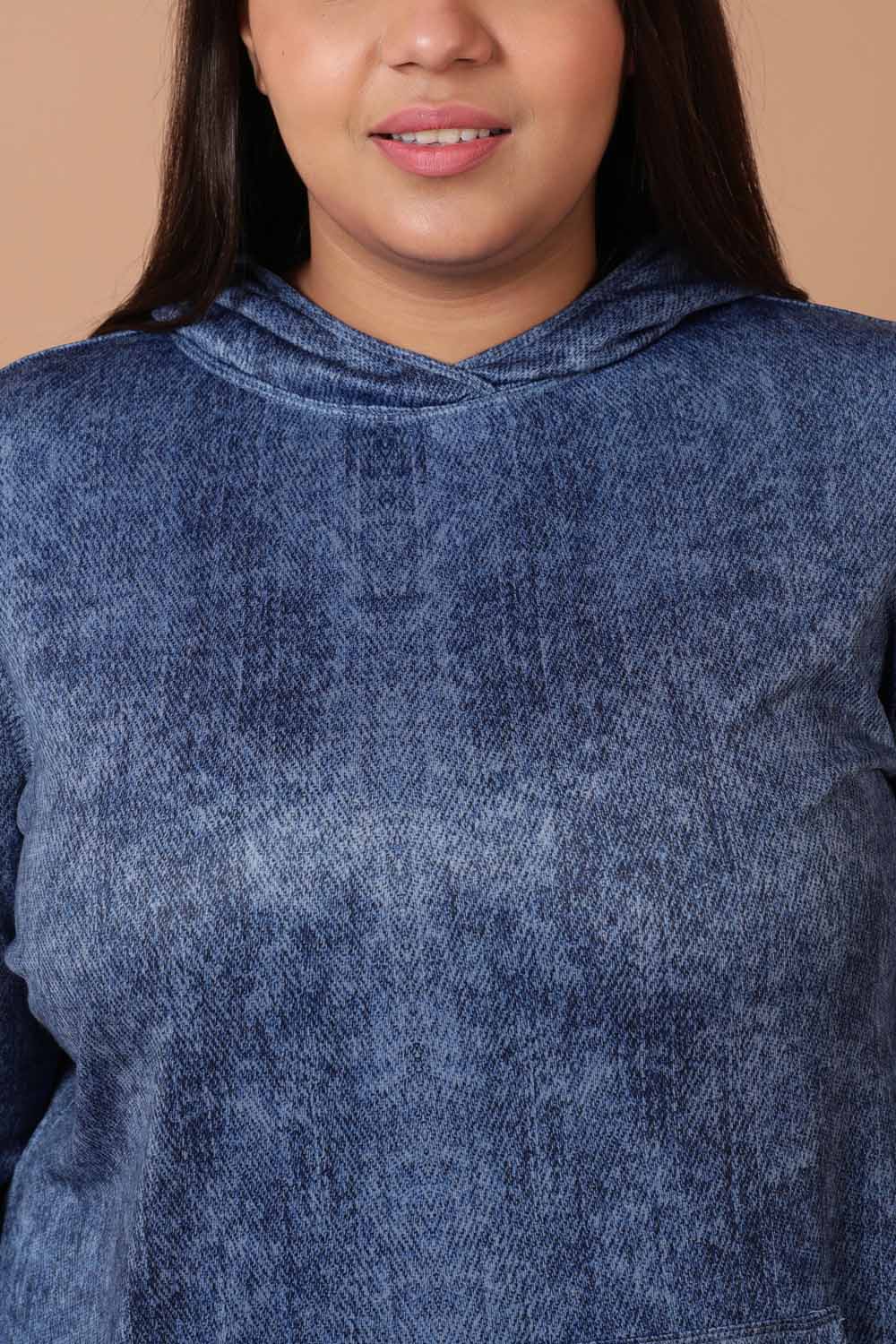 Plus Size Coldwashed Denim Printed Sweatshirt Hoodie Winter Dress