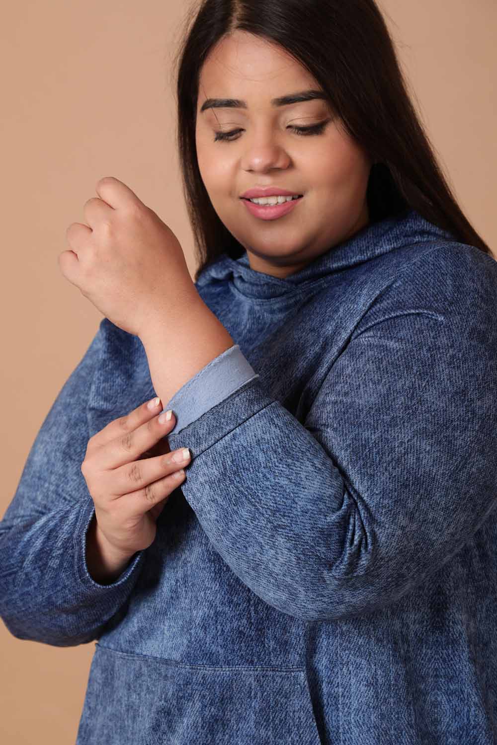 Comfortable Plus Size Coldwashed Denim Printed Sweatshirt Hoodie Winter Dress