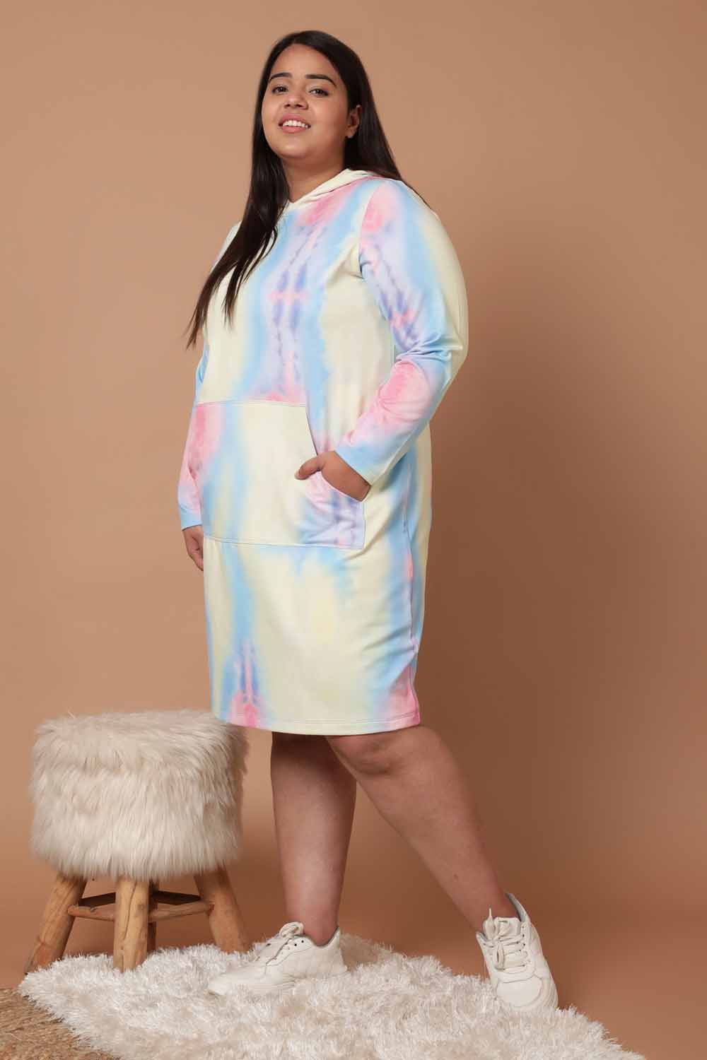 Plus Size Tie Dye Printed Sweatshirt Hoodie Winter Dress for Women