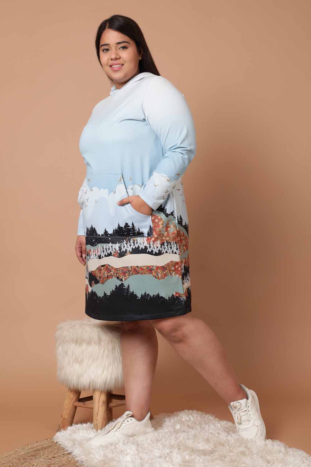 Plus Size Plus Size Blue Paradise Printed Sweatshirt Hoodie Winter Dress