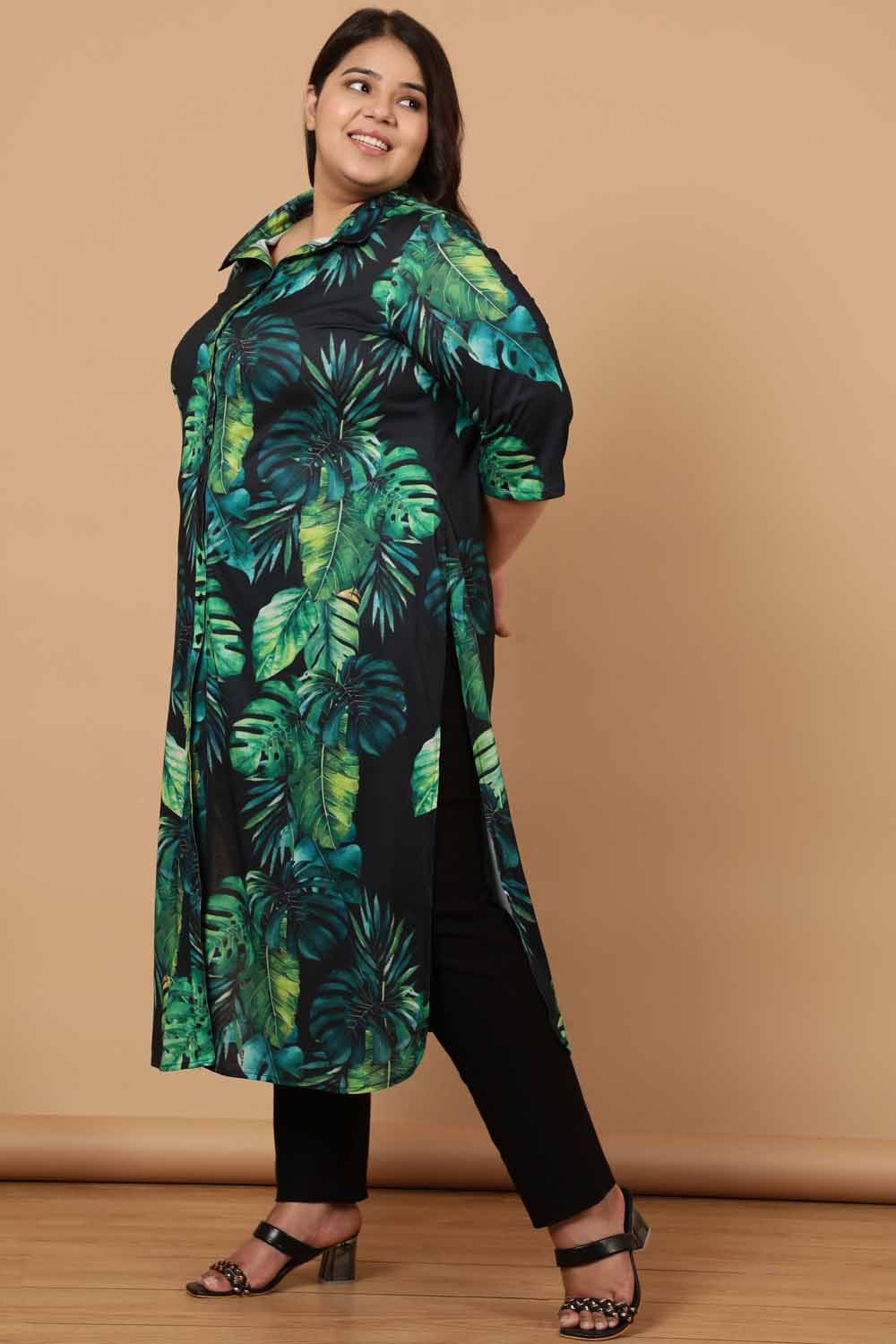 Plus Size Midnight Tropical Printed Kurta Cum Shrug for Women