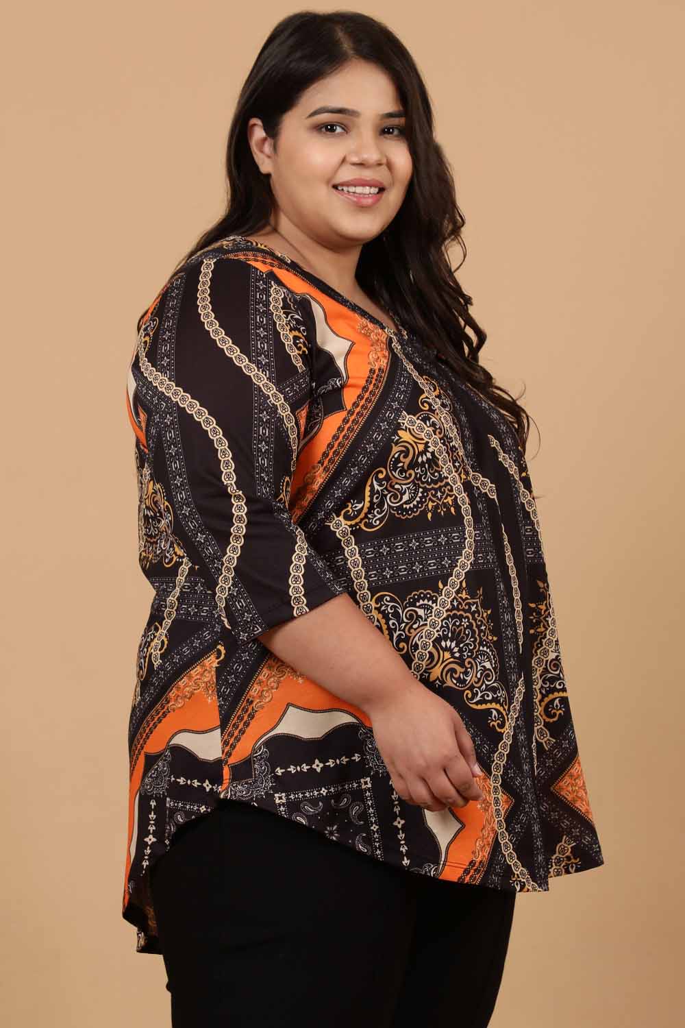 Plus Size Black Baroque Printed Centre Pleat Top for Women