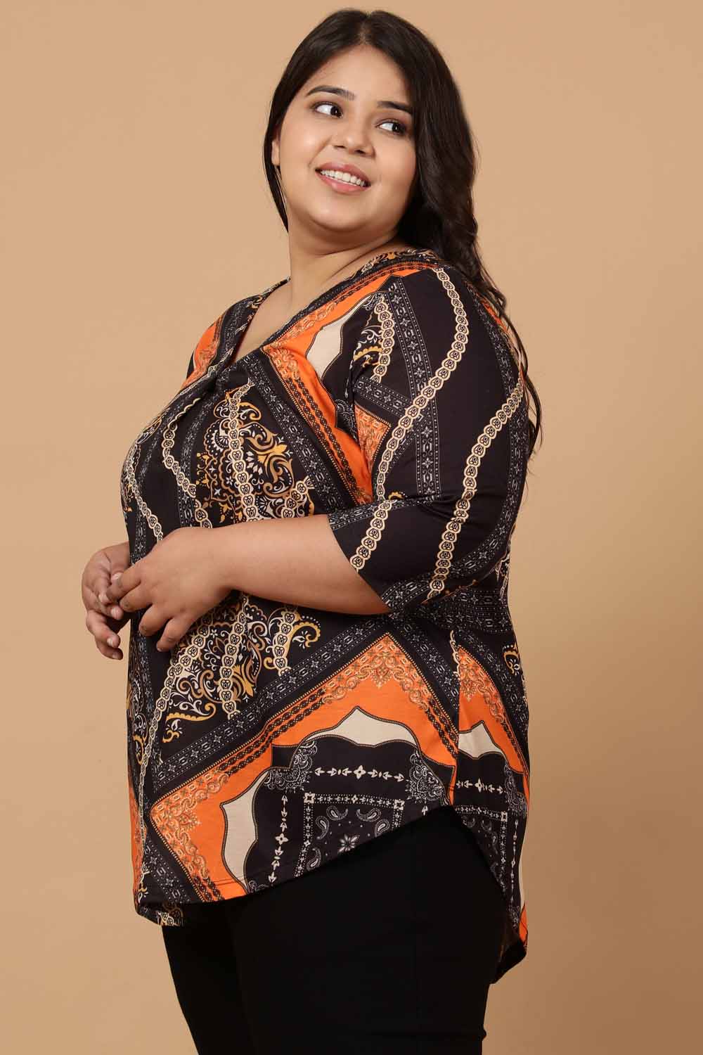 Comfortable Plus Size Black Baroque Printed Centre Pleat Top