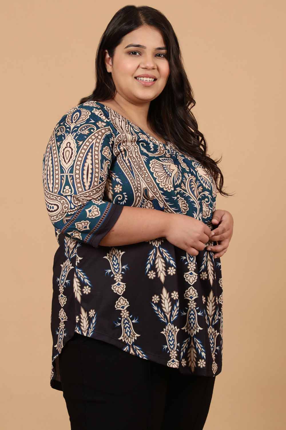Plus Size Black Luxe Ethnic Print Centre Pleat Top for Women