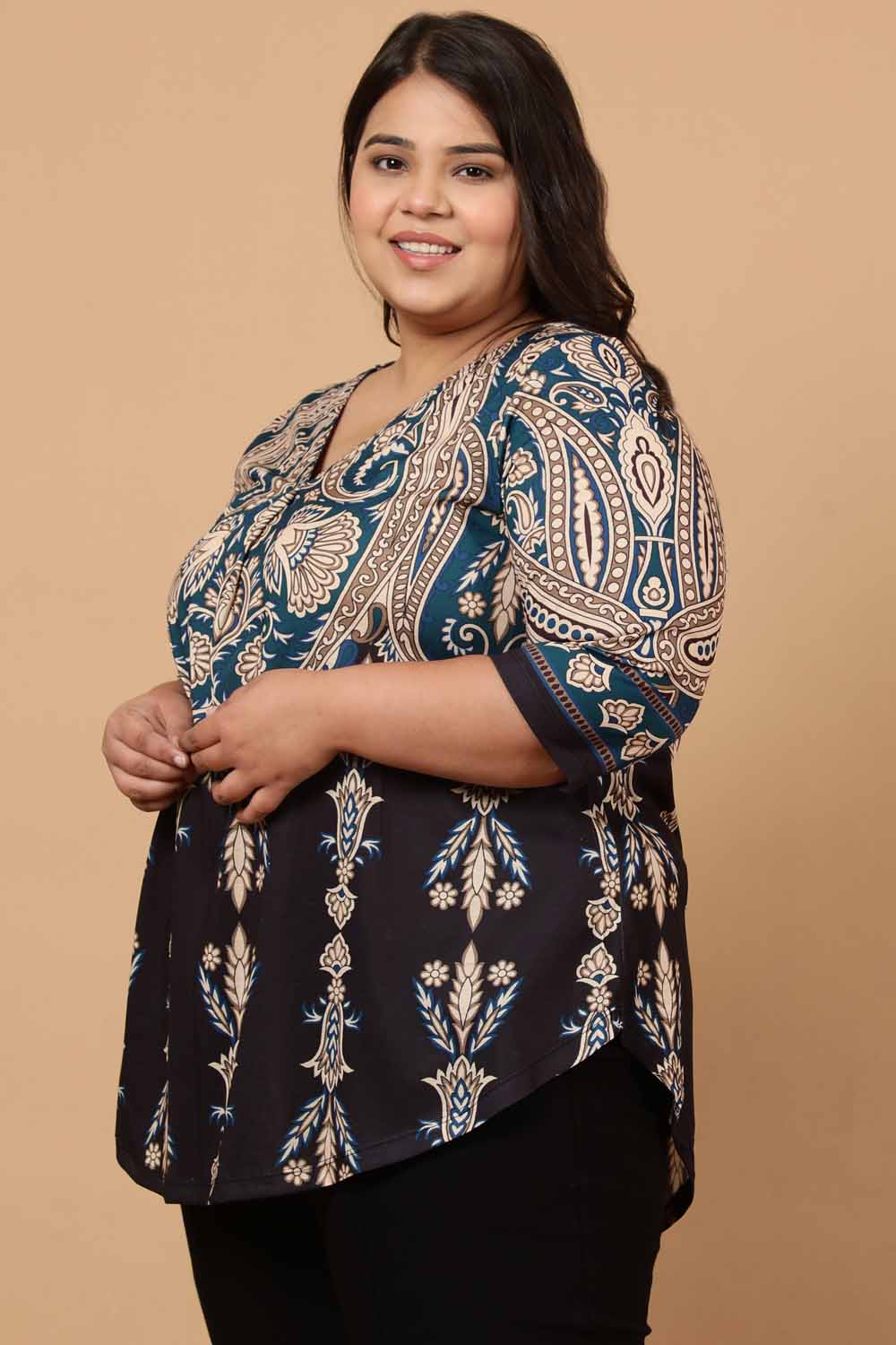 Comfortable Plus Size Black Luxe Ethnic Print Centre Pleat Top