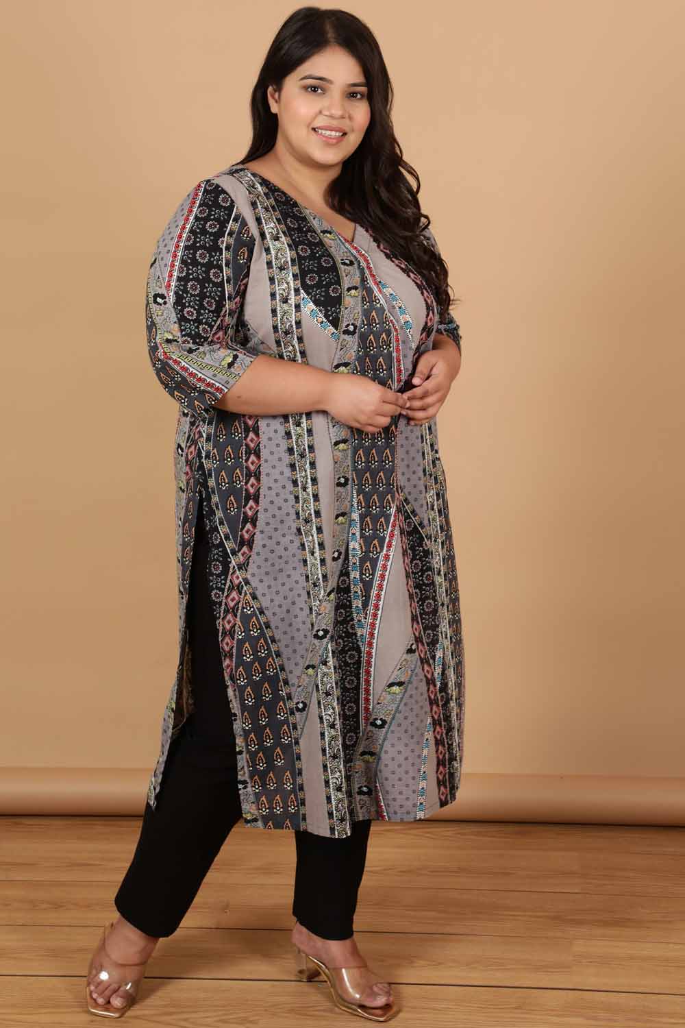 Plus Size Grey Printed Cotton Kurta
