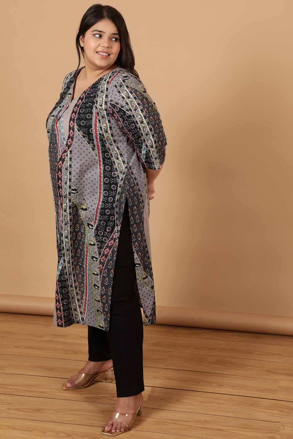 Grey Printed Cotton Kurta for Women