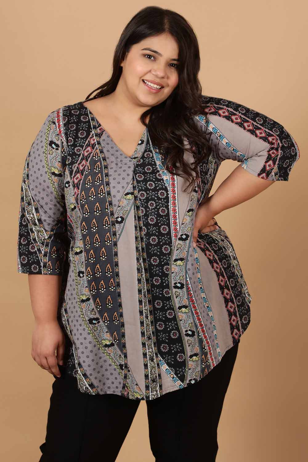 Plus Size Grey Printed Cotton Top