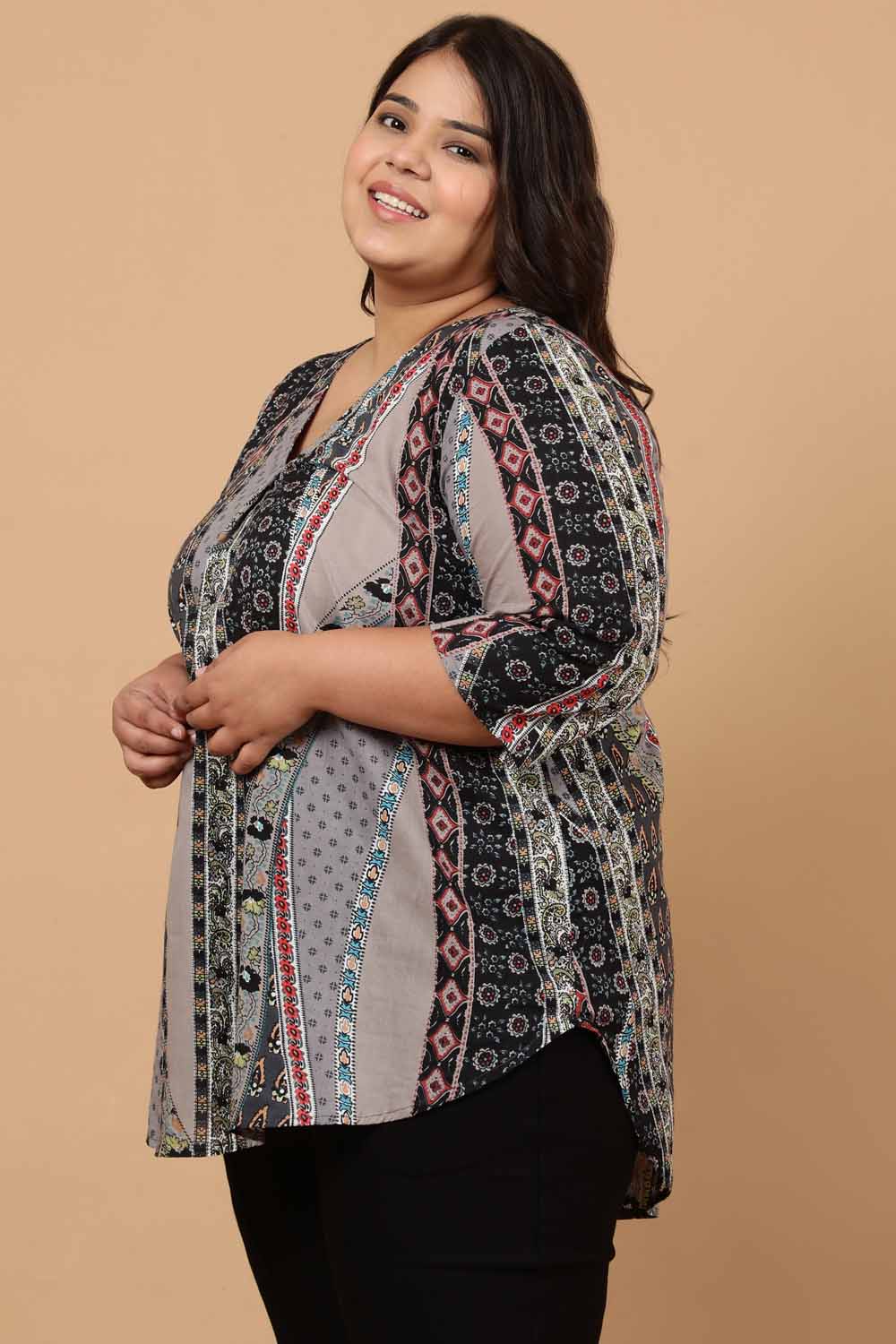 Comfortable Plus Size Grey Printed Cotton Top