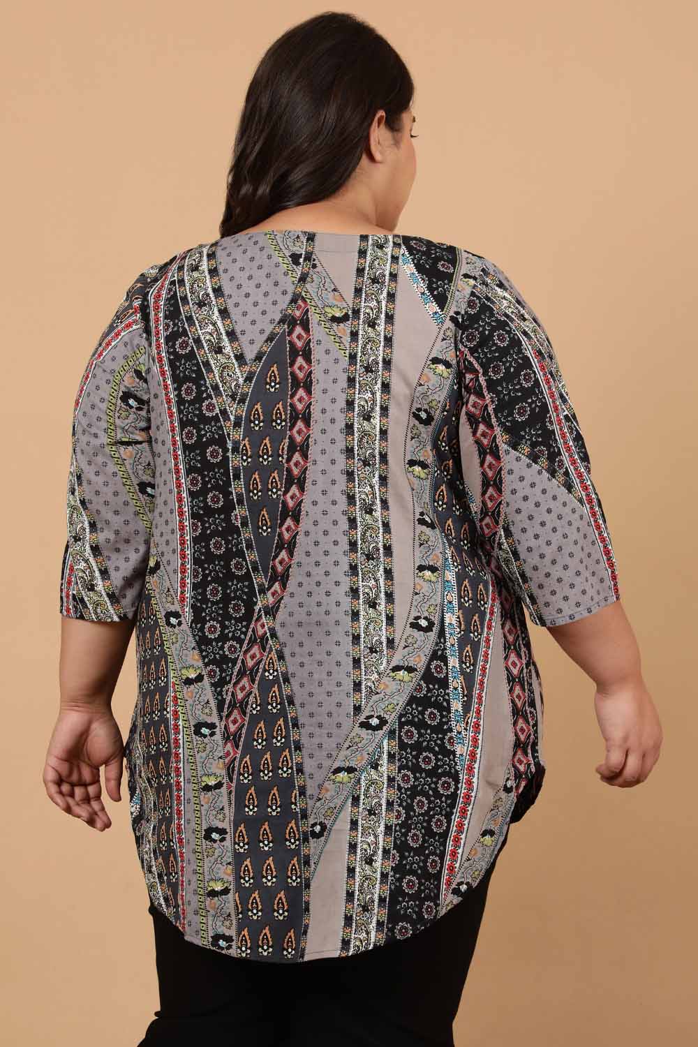 Plus Size Grey Printed Cotton Top