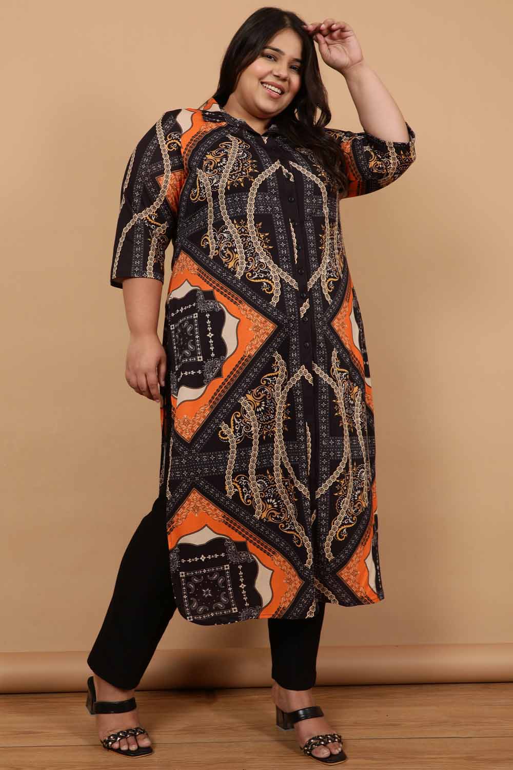 Plus Size Black Baroque Printed Kurta Cum Shrug