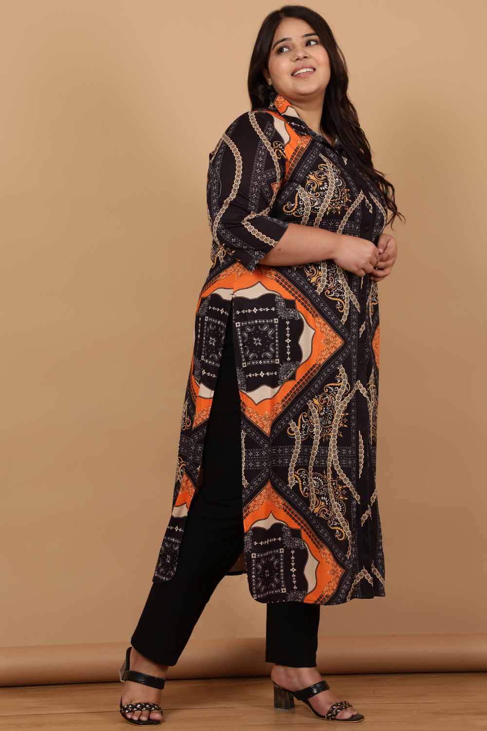 Plus Size Plus Size Black Baroque Printed Kurta Cum Shrug