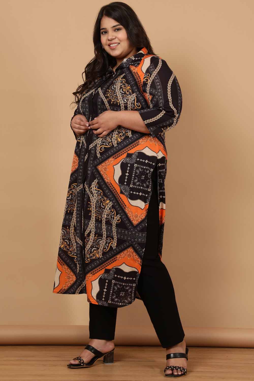 Plus Size Black Baroque Printed Kurta Cum Shrug for Women