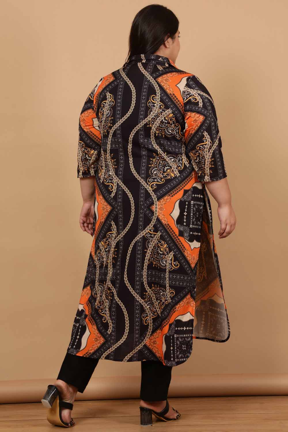 Plus Size Black Baroque Printed Kurta Cum Shrug