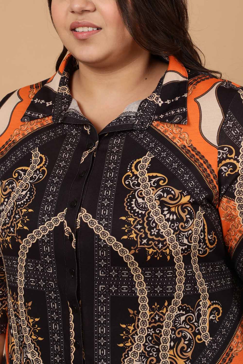 Comfortable Plus Size Black Baroque Printed Kurta Cum Shrug