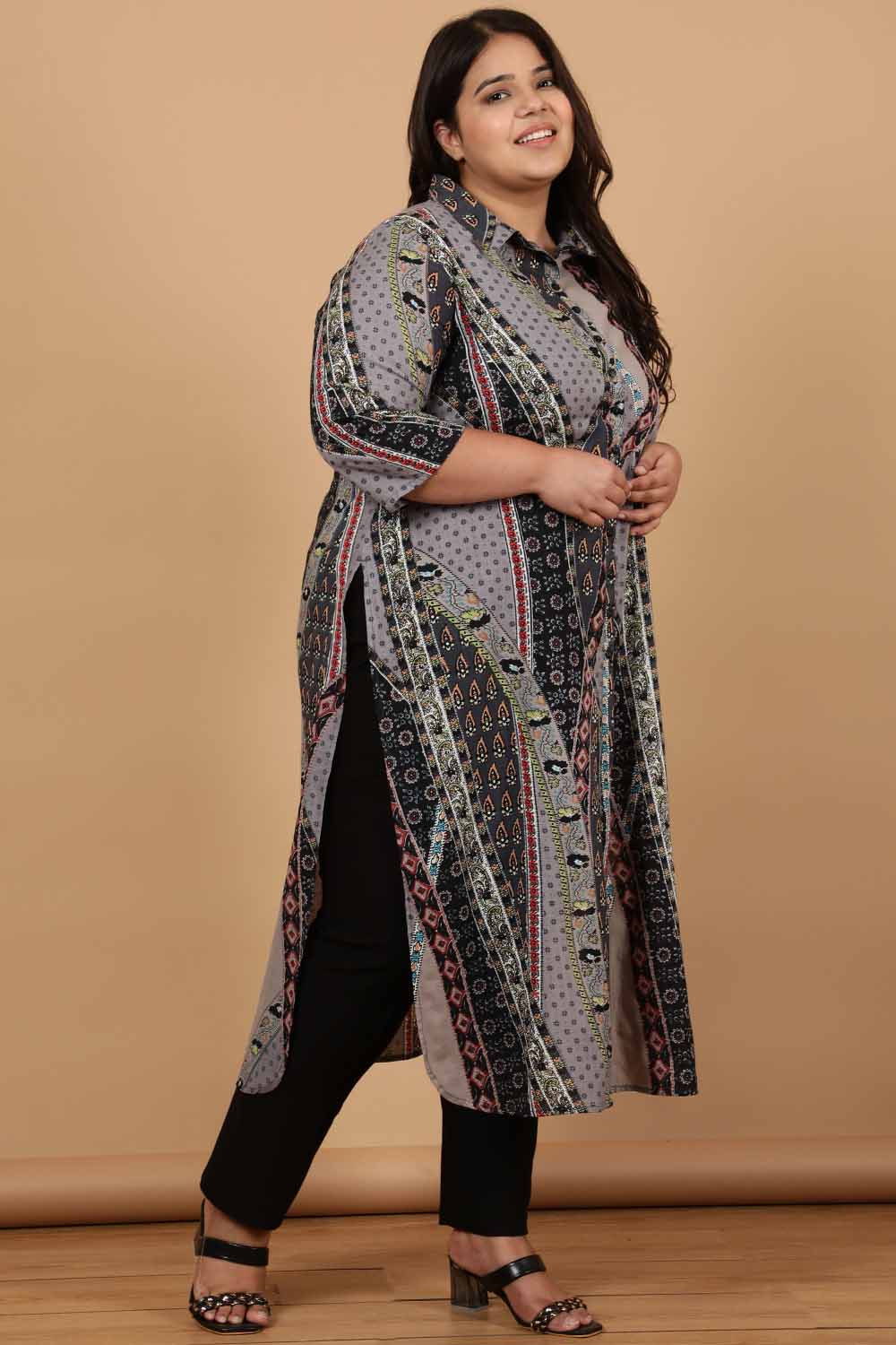 Plus Size Grey Printed Cotton Kurta Shrug