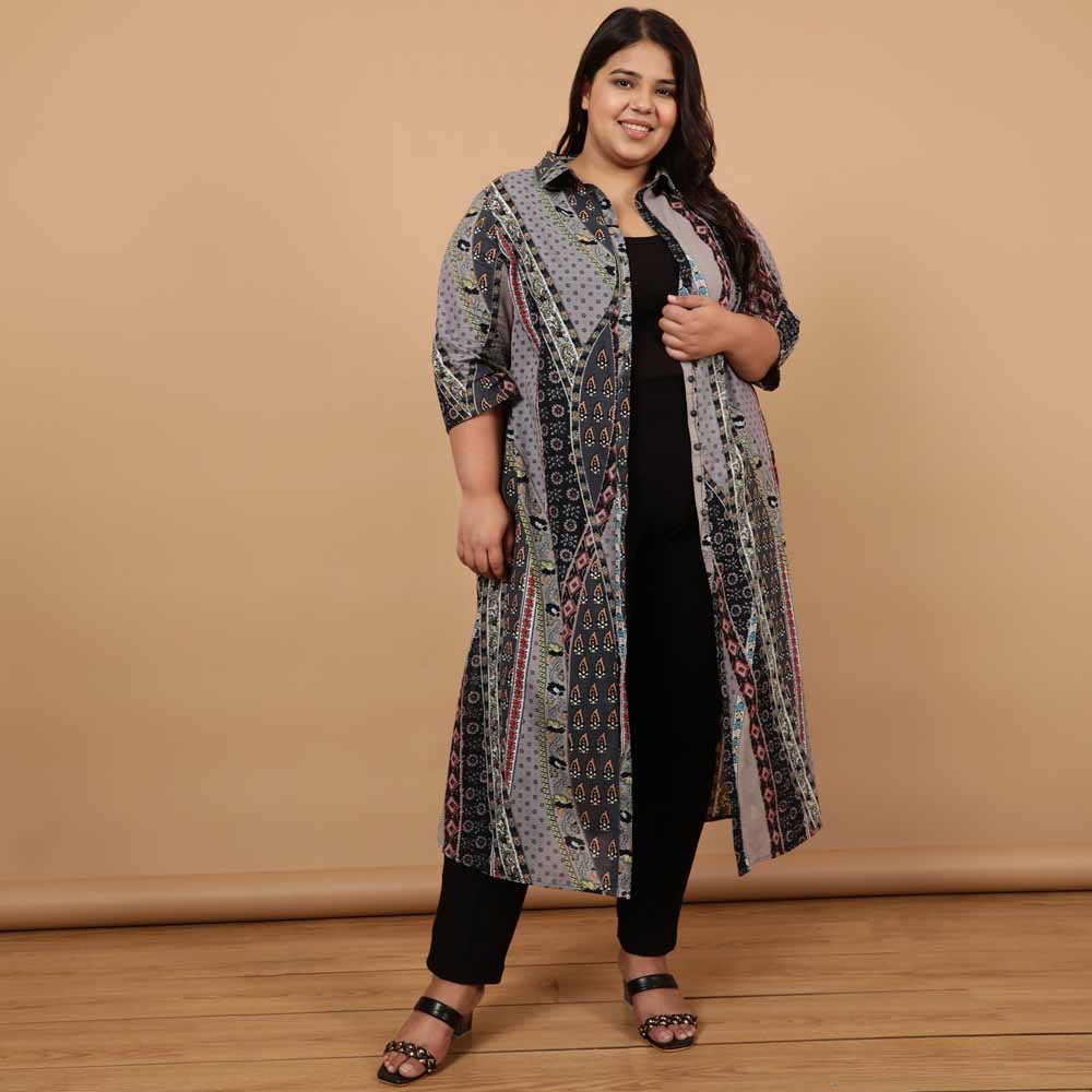 Grey Printed Cotton Kurta Shrug for Women