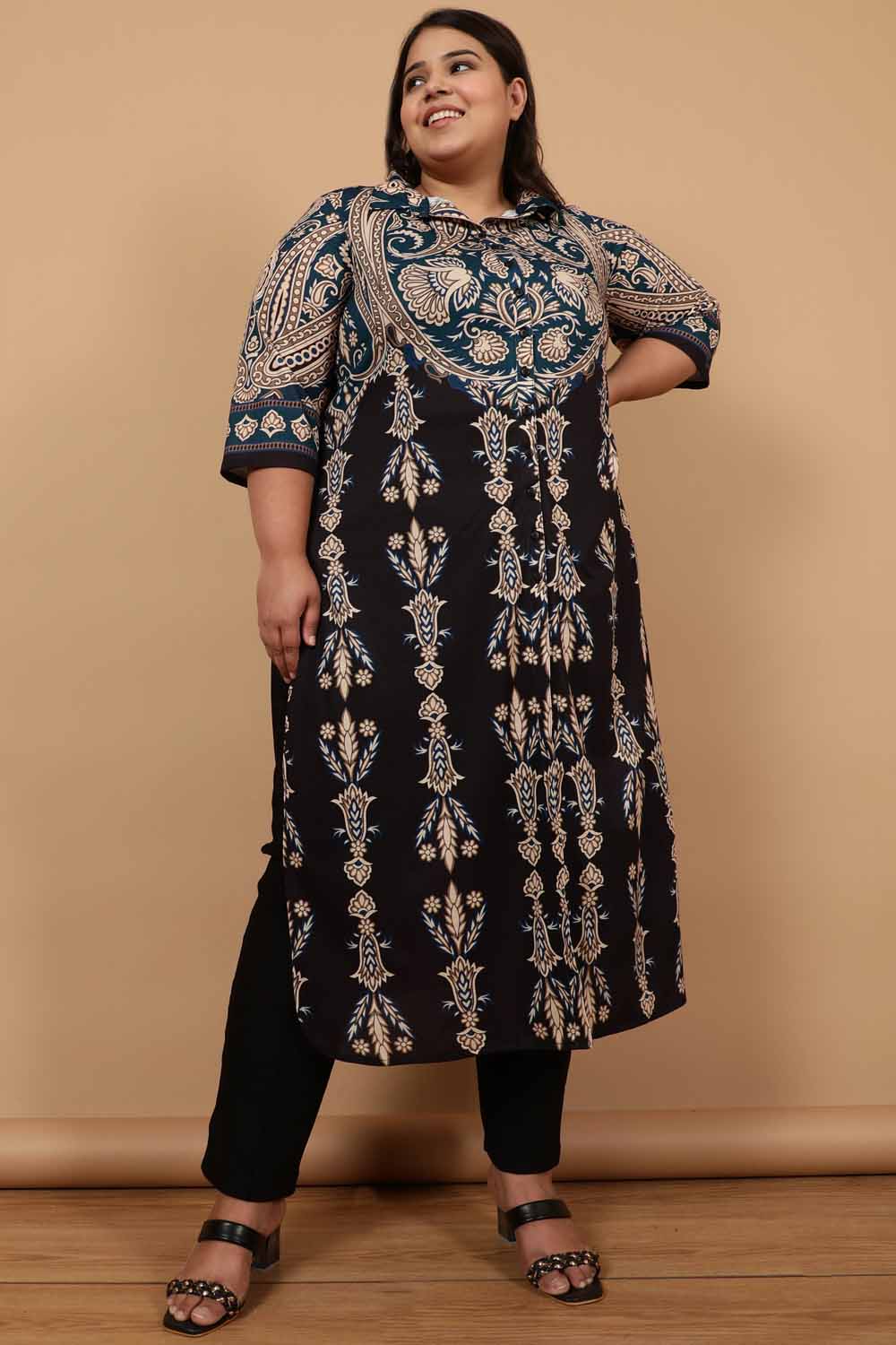 Plus Size Black Luxe Ethnic Print Kurta Cum Shrug