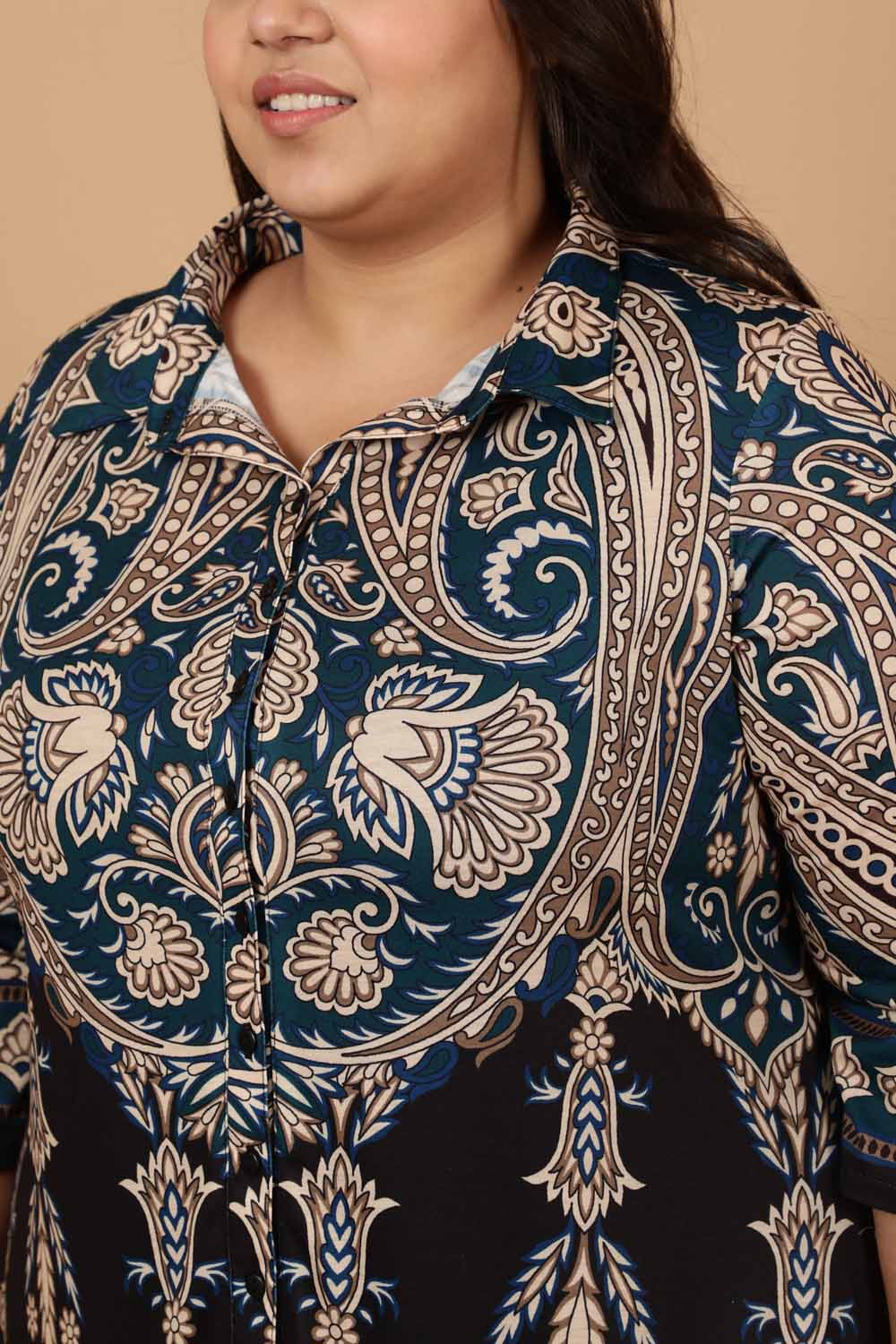 Comfortable Plus Size Black Luxe Ethnic Print Kurta Cum Shrug