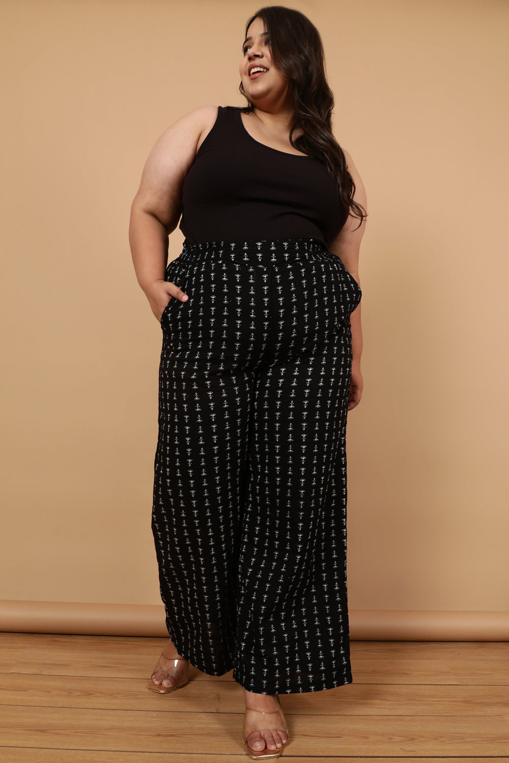 Black Linear Printed Cotton High Waist Pants