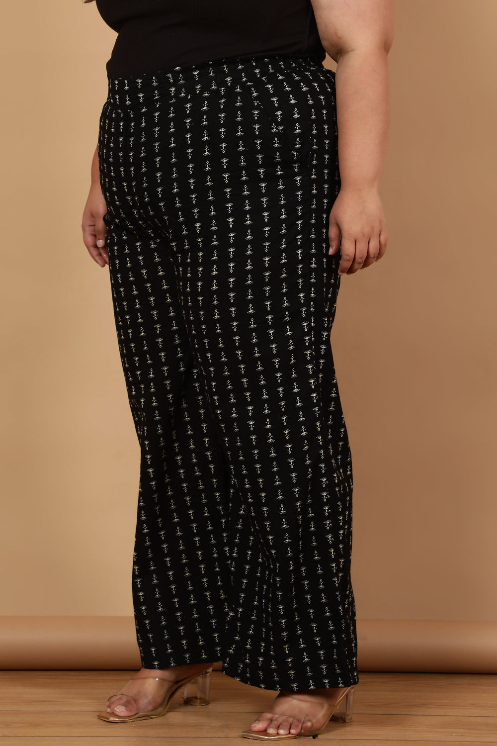 Black Linear Printed Cotton High Waist Pants