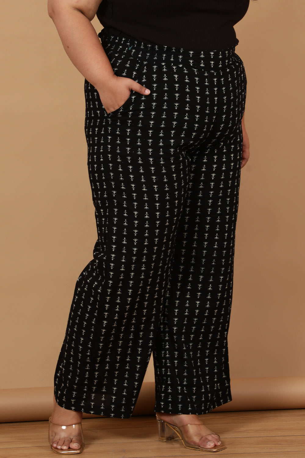 Black Linear Printed Cotton High Waist Pants