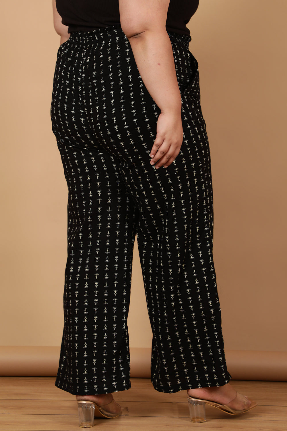 Black Linear Printed Cotton High Waist Pants