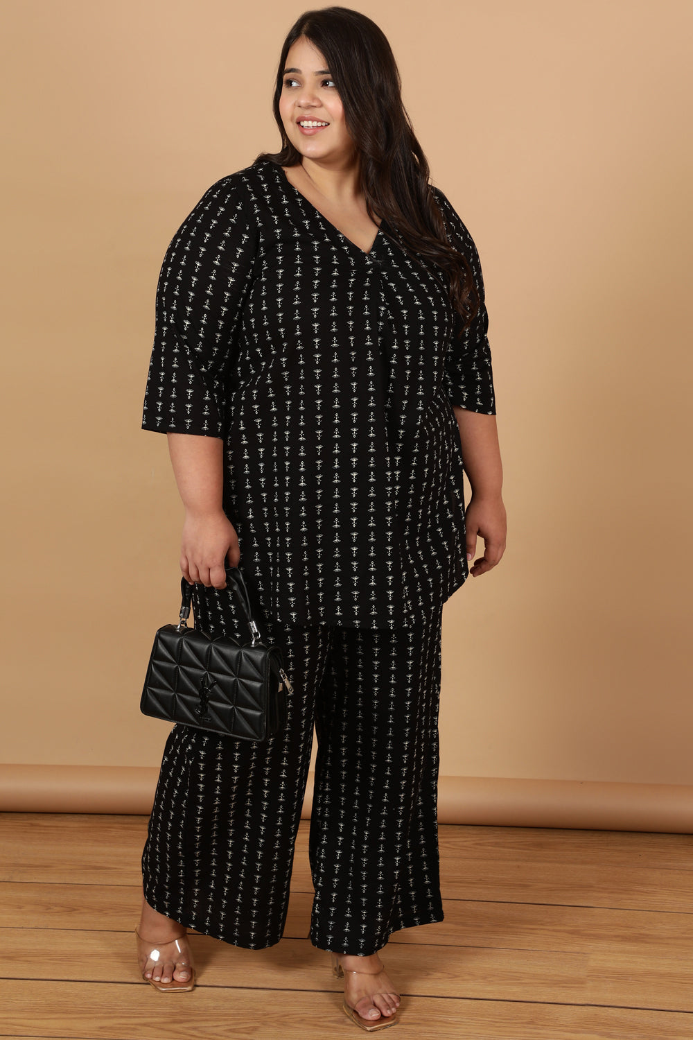 Black Linear Printed Cotton High Waist Pants