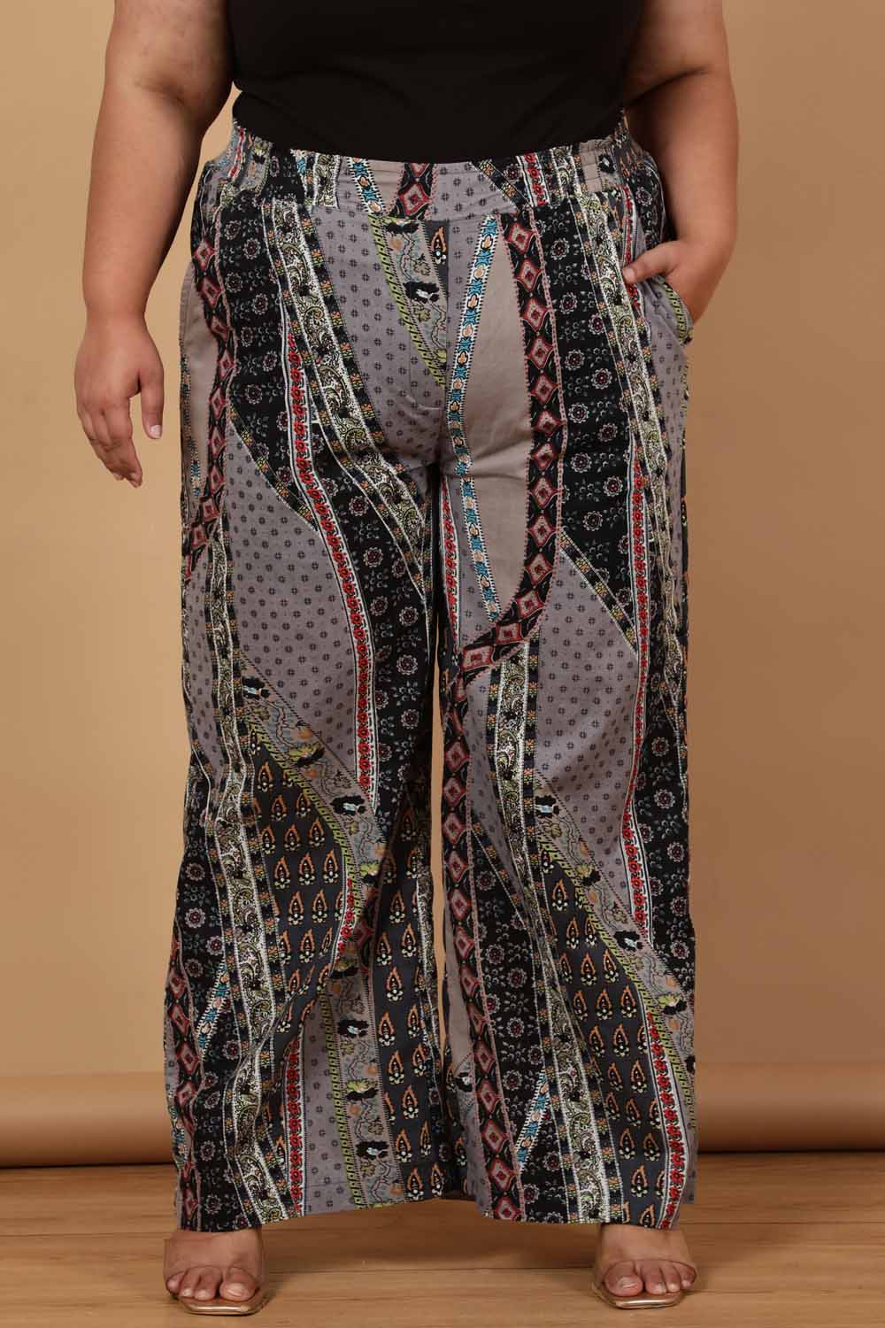 Plus Size Plus Size Grey Printed Cotton High Waist Pants