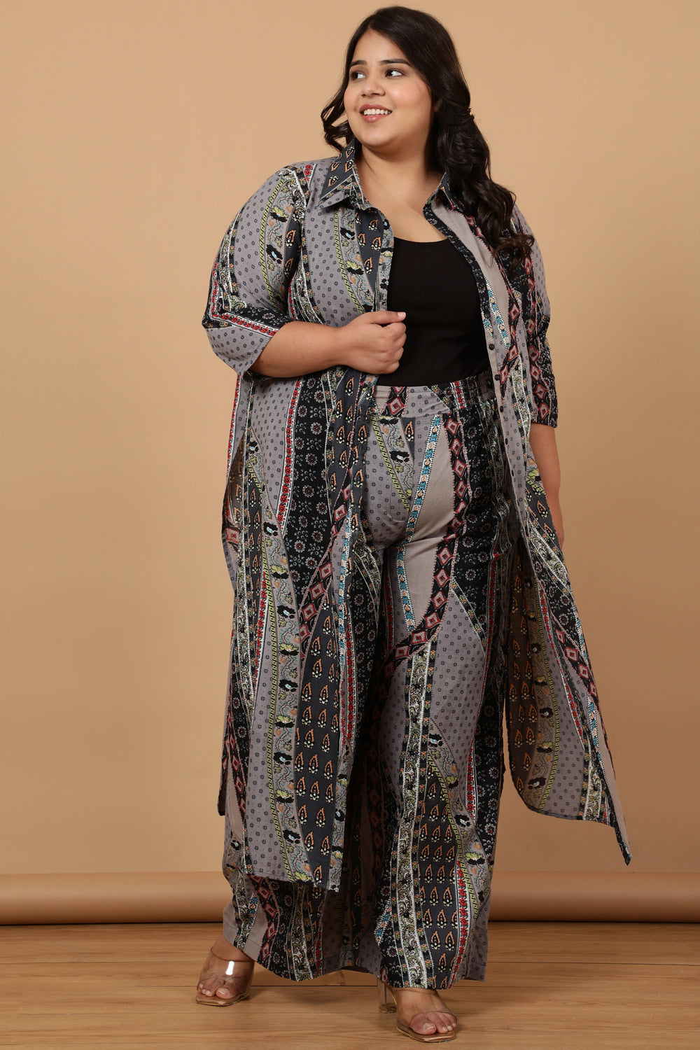 Grey Printed Cotton Kurta Shrug