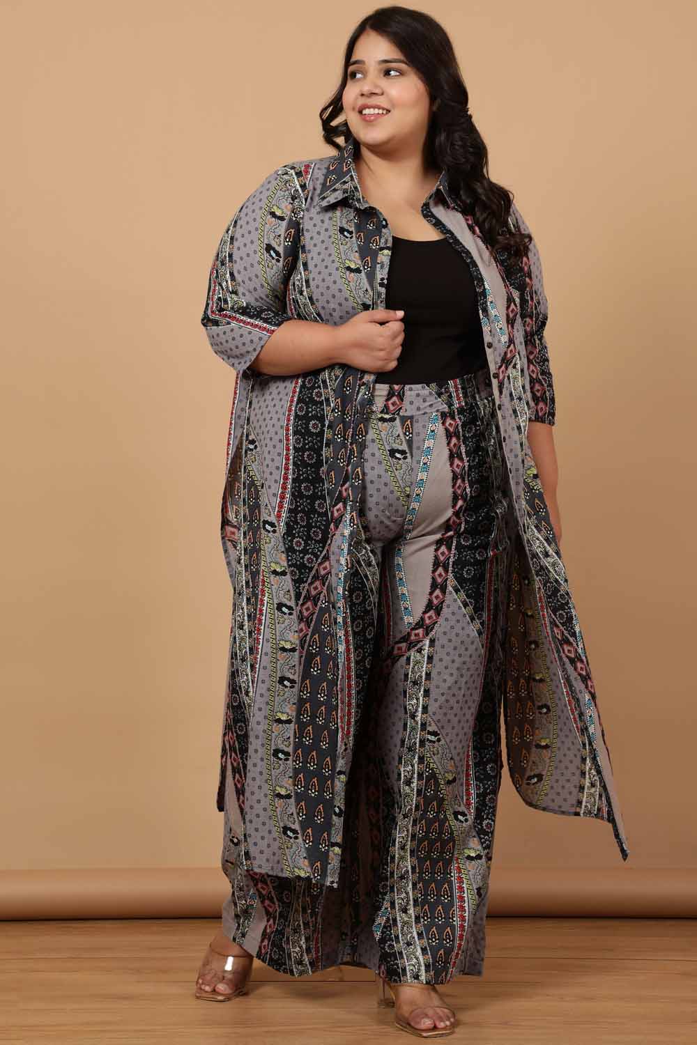 Buy Plus Size Grey Printed Cotton High Waist Pants