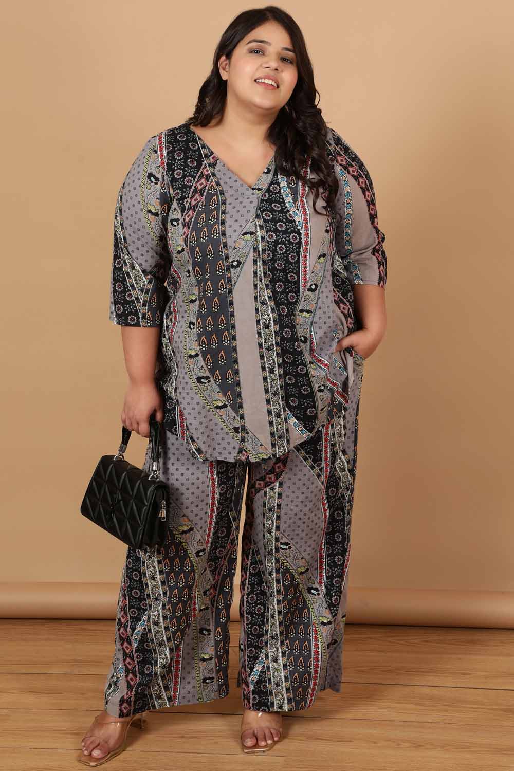 Plus Size Grey Printed Cotton Top