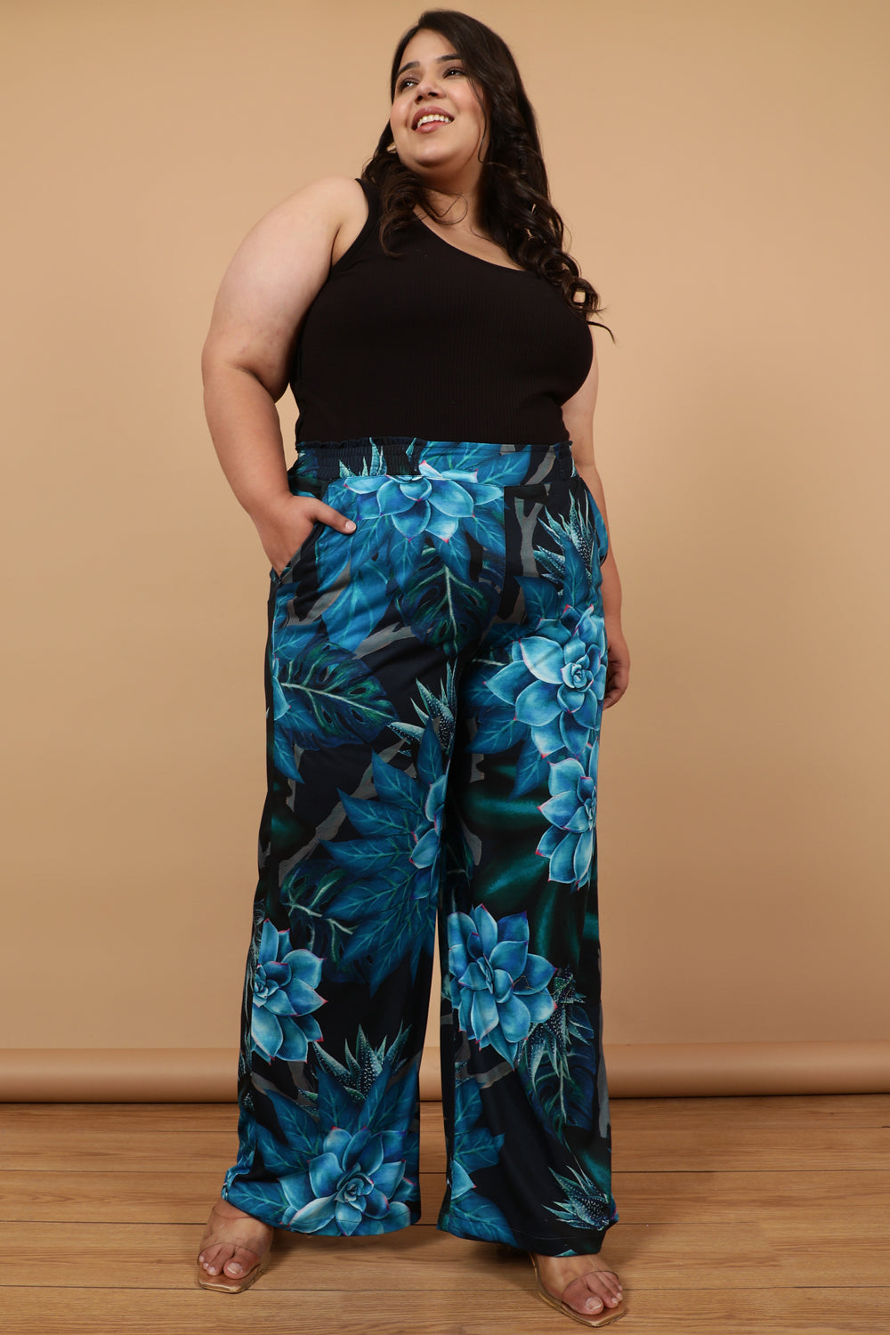 Plus Size Black Deepwater Printed High Waist Pants