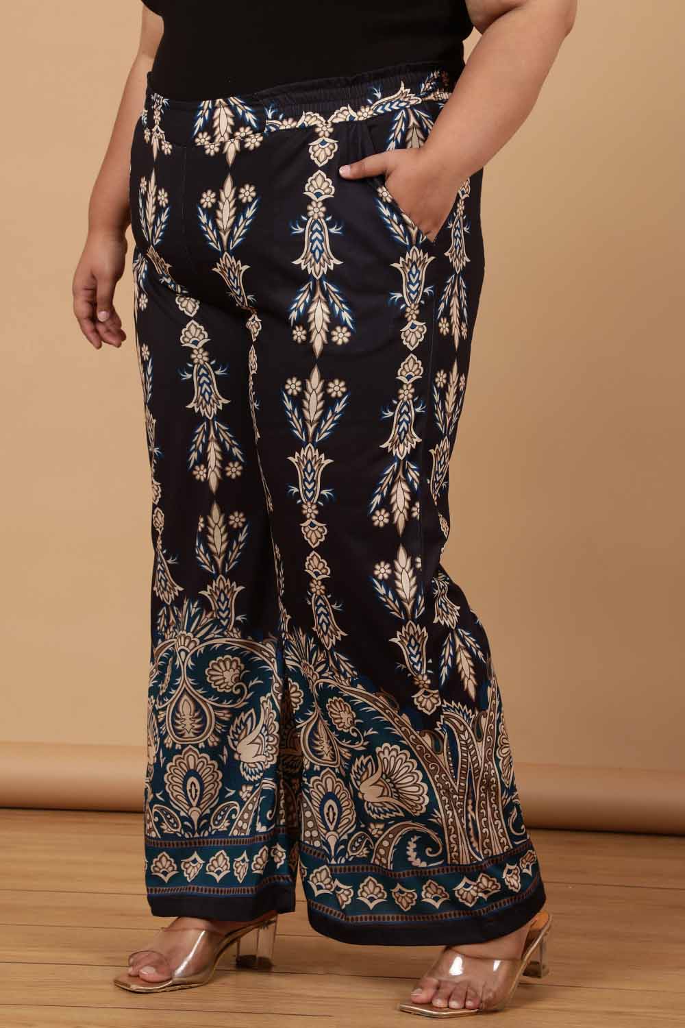 Plus Size Black Luxe Ethnic Print High Waist Pants for Women