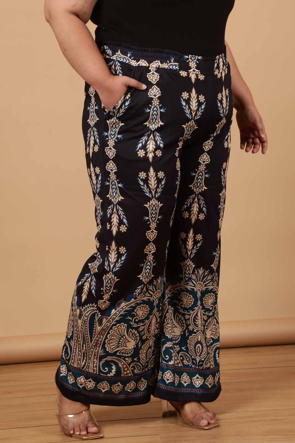 Comfortable Plus Size Black Luxe Ethnic Print High Waist Pants