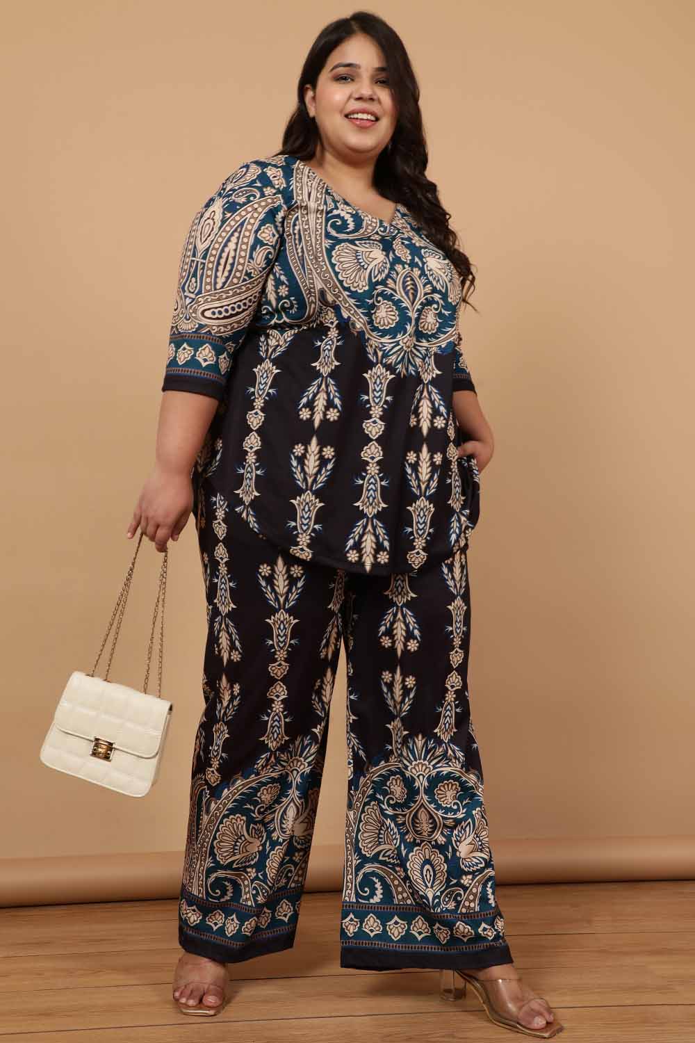 Plus Size Black Luxe Ethnic Print High Waist Pants