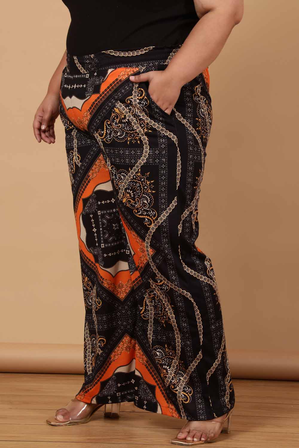 Plus Size Black Baroque Printed High Waist Pants for Women