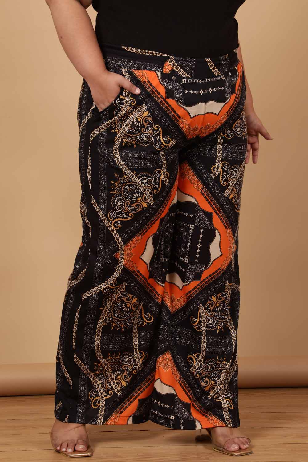 Comfortable Plus Size Black Baroque Printed High Waist Pants
