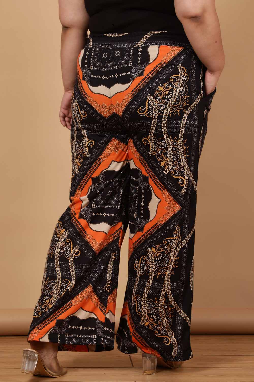 Plus Size Black Baroque Printed High Waist Pants