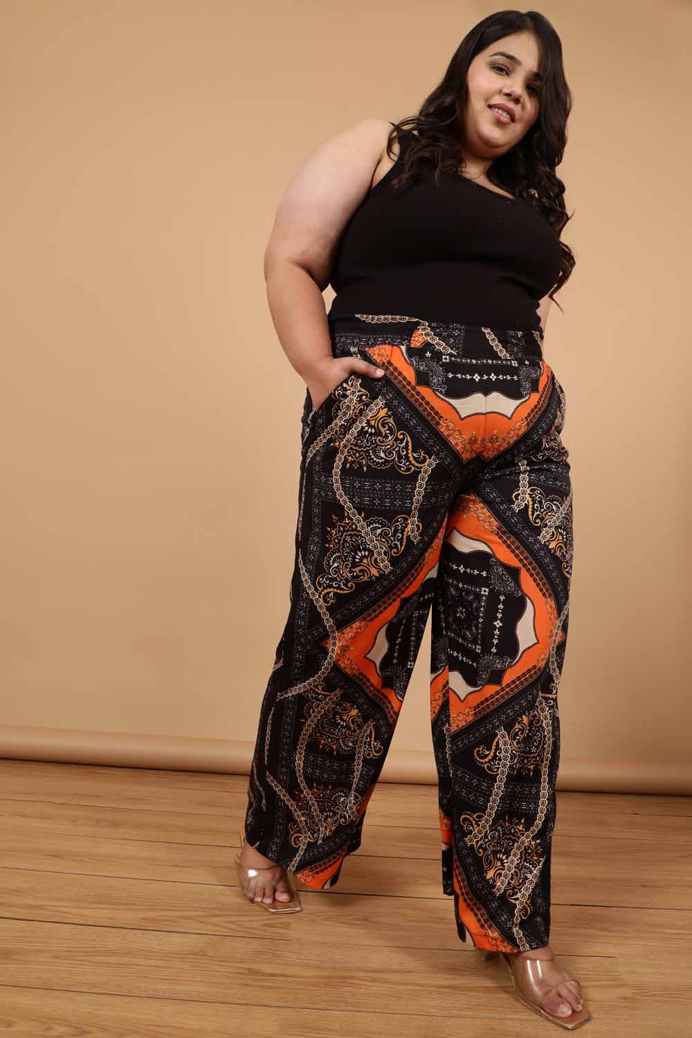 Plus Size Black Baroque Printed High Waist Pants