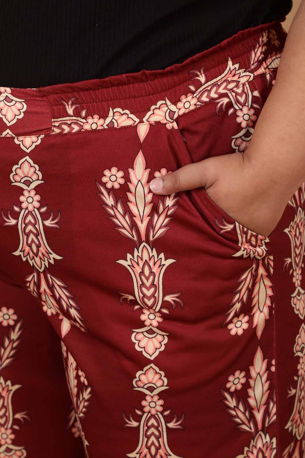 Plus Size Maroon Luxe Ethnic Print High Waist Pants