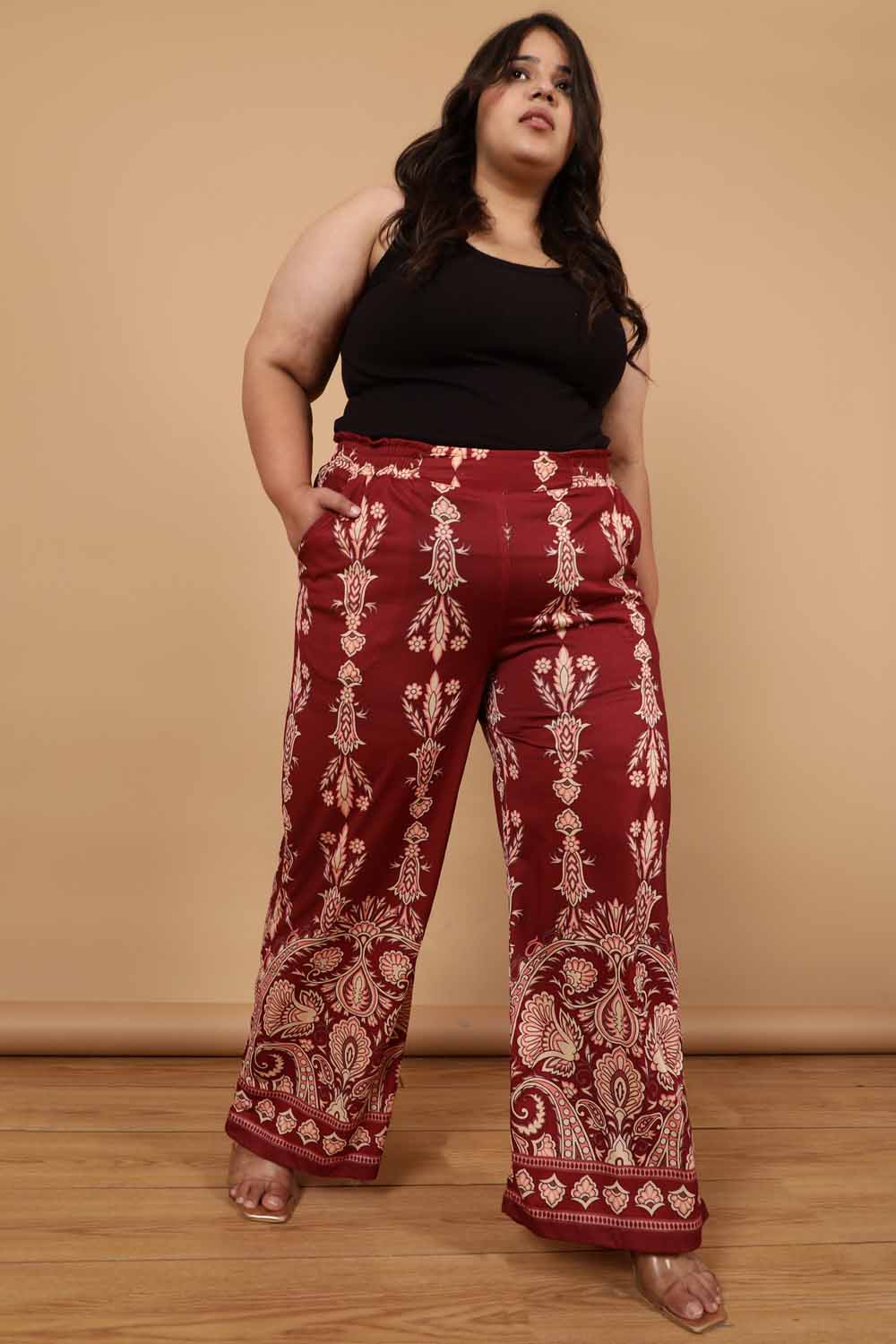 Plus Size Maroon Luxe Ethnic Print High Waist Pants