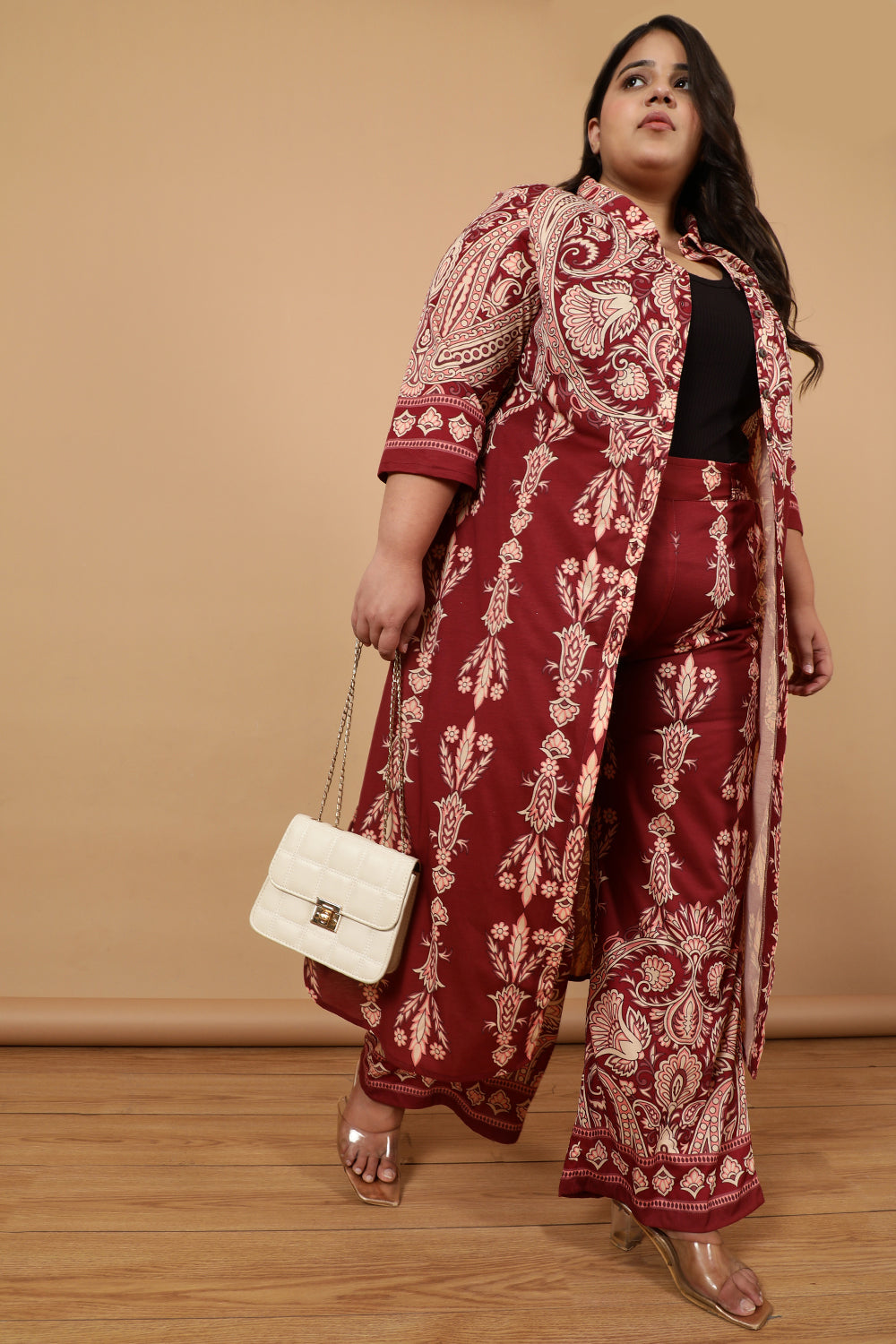 Maroon Luxe Ethnic Print Kurta Cum Shrug