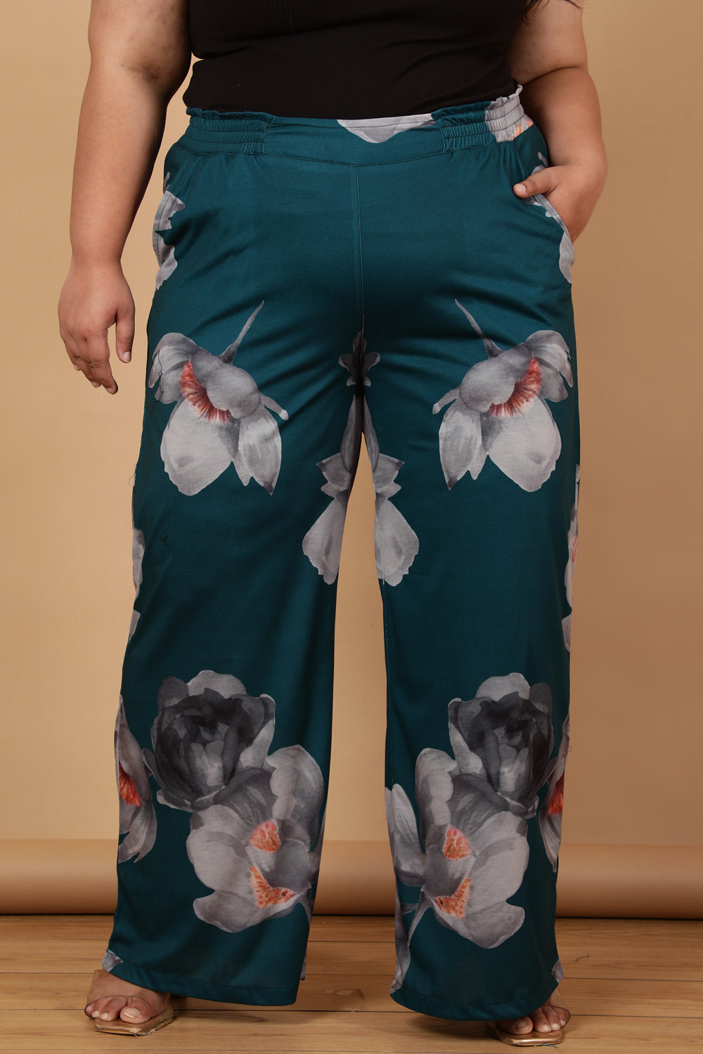 Plus Size Plus Size Dark Green Floral Printed High Waist Pants