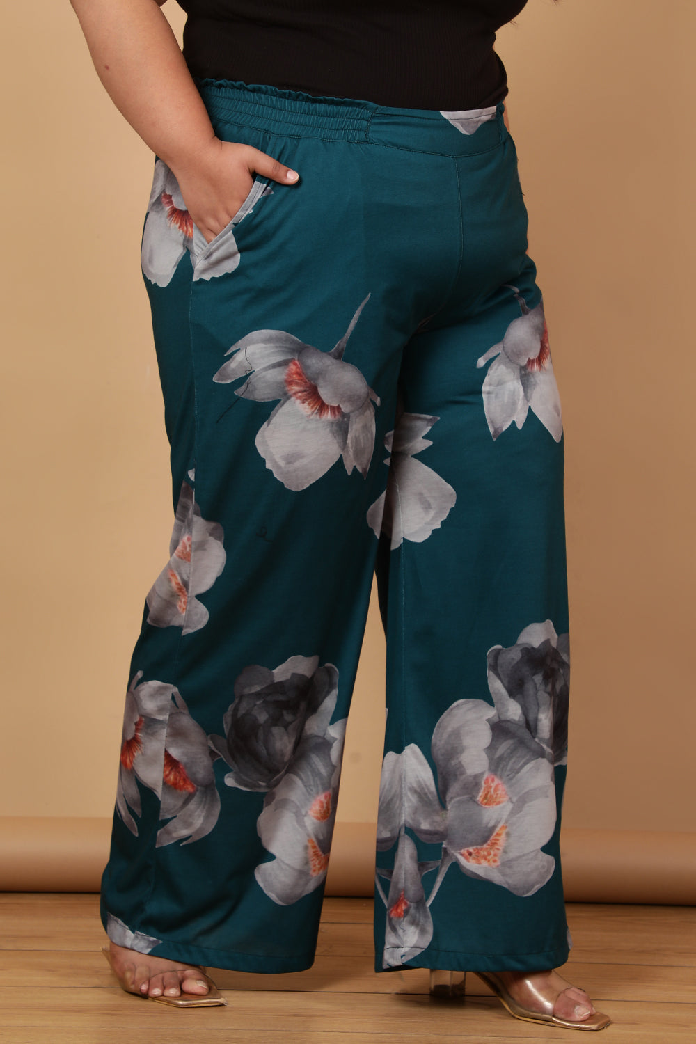 Comfortable Plus Size Dark Green Floral Printed High Waist Pants