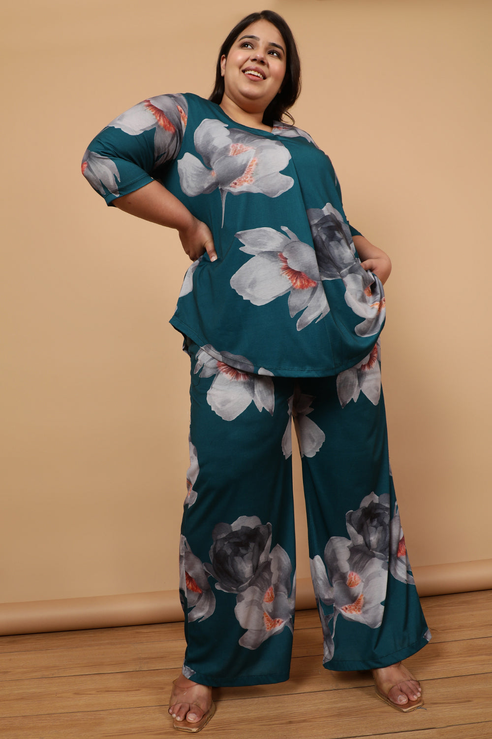 Buy Plus Size Dark Green Floral Printed High Waist Pants