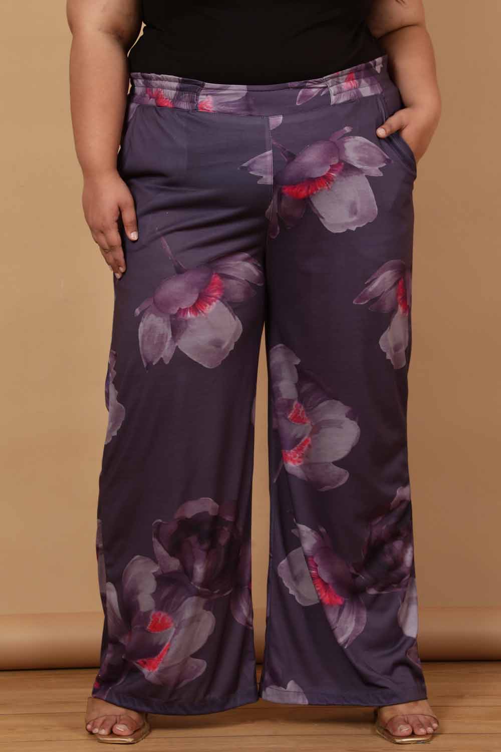 Plus Size Plus Size Purple Floral Printed High Waist Pants